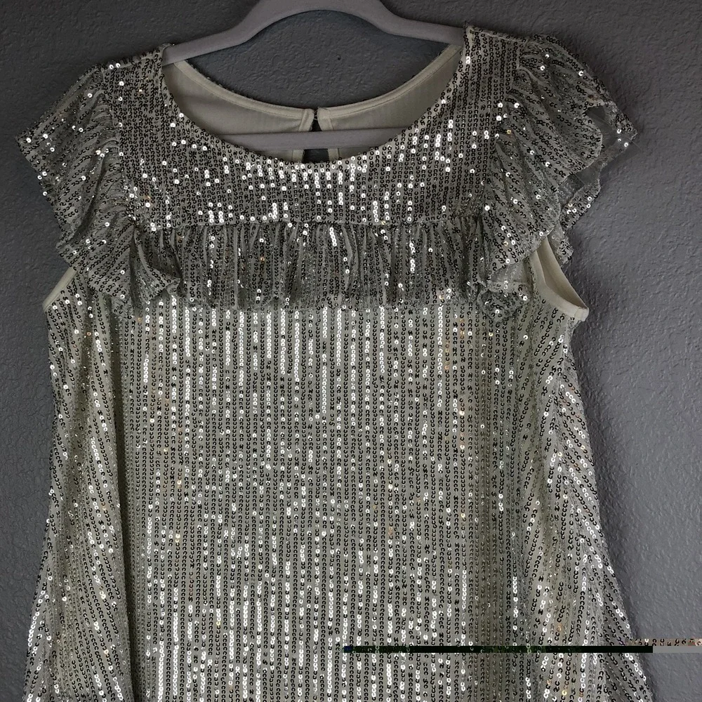 Justice Girls Top Size‎ 16/18 Sequin Ruffle Sleeve Cream Lined Short Sleeve Top